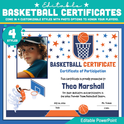 Editable Basketball Certificates | 4 Styles with Photo Options | Youth Team Awards, Player Recognition - 8.5x11 PowerPoint Instant Download