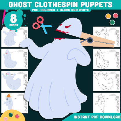 Ghost Clothespin Puppets, Halloween Printable Craft for Kids