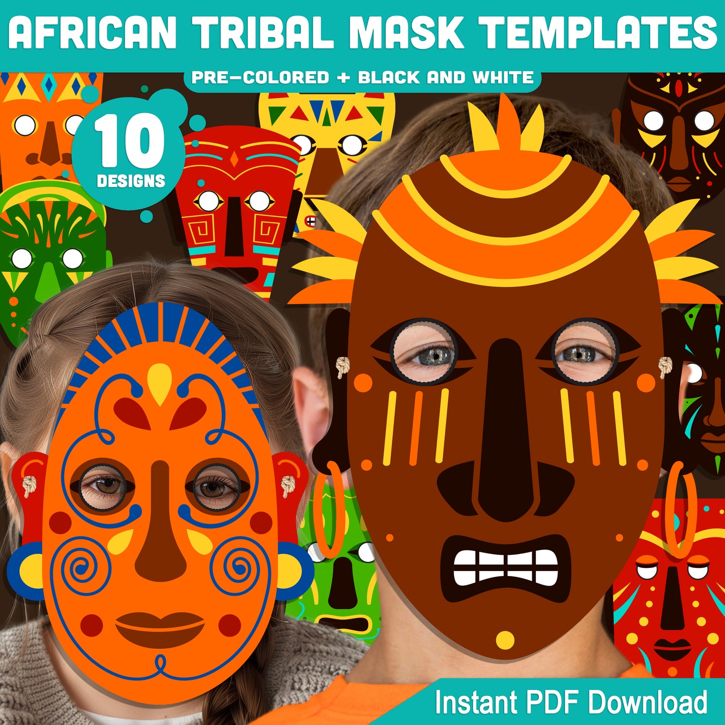 African Tribal Mask Templates, Masquerade Printable Classroom Craft, Pre-Colored and Black and White Mask Set, Art and Drama Activity for Kids