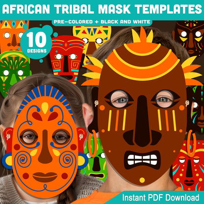 African Tribal Mask Templates, Masquerade Printable Classroom Craft, Pre-Colored and Black and White Mask Set, Art and Drama Activity for Kids