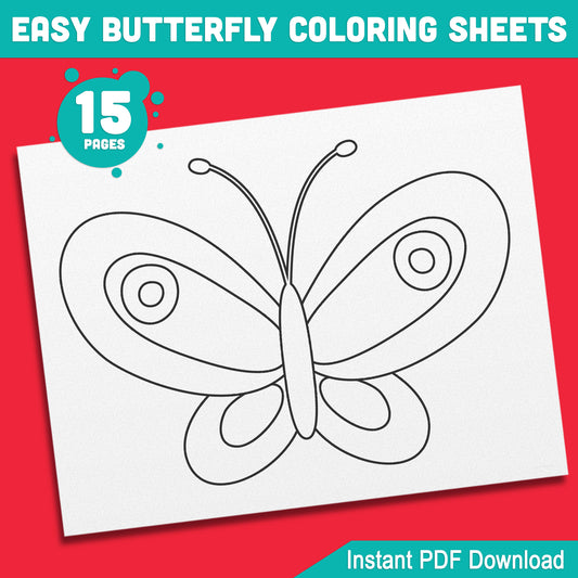 Simple Butterfly Coloring Pages: 15 Delightful Designs for Young Children, Ideal for Preschool & Kindergarten, Fun Art Activity, Instant Download