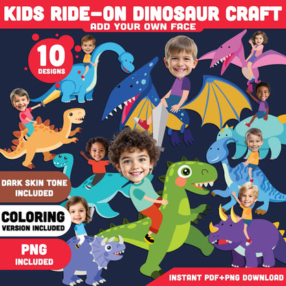 Kids Ride-On Dinosaur Craft, Add Your Own Face Printable, Dinosaur Rider Costume Template, Cut and Paste Activity, Coloring Version