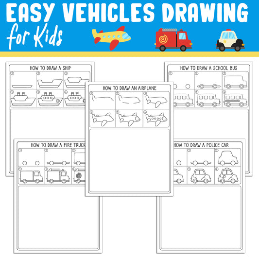 Easy Vehicles Drawing for Kids: Directed Drawing Step by Step Tutorial, Includes 5 Coloring Pages, PDF File, Instant Download.