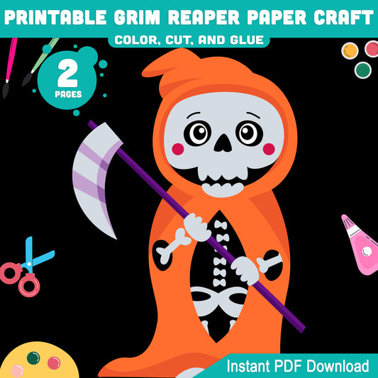 Printable Grim Reaper Paper Craft for Kids, Easy Halloween Cut and Glue Project, Preschool, Pre-K, Kindergarten, Fall Classroom Craft, 2 Pages PDF Download