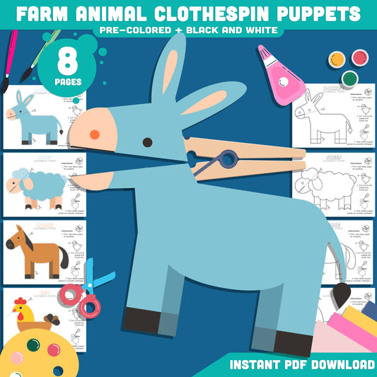 Farm Animal Clothespin Puppets: 8-Page Printable Craft Set with 4 Unique Designs, Pre-Colored and Black & White, Perfect for Fun Dramatic Play.