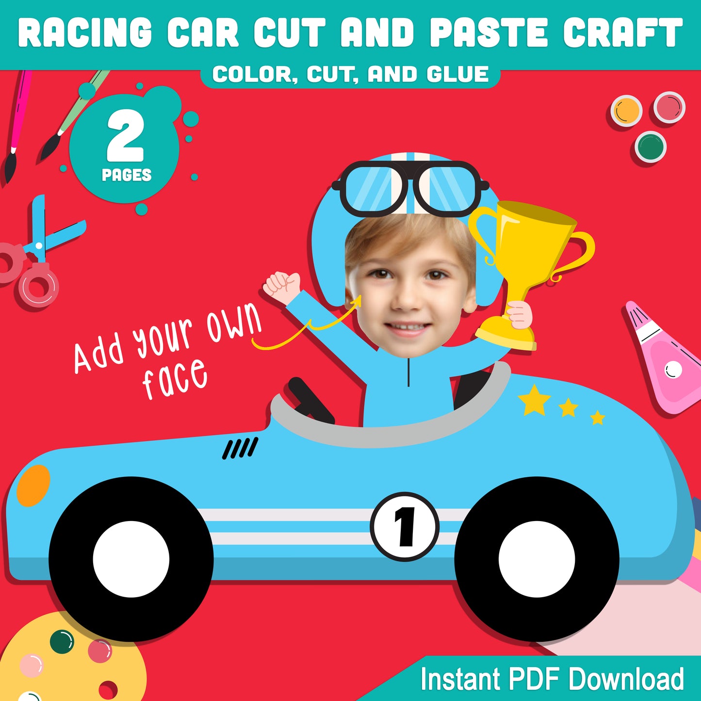 Fun Racing Car Paper Craft for Kids – Cut-and-Paste Activity with Photo Insert Option, 8 Pages in Color and B&W, Printable PDF Download