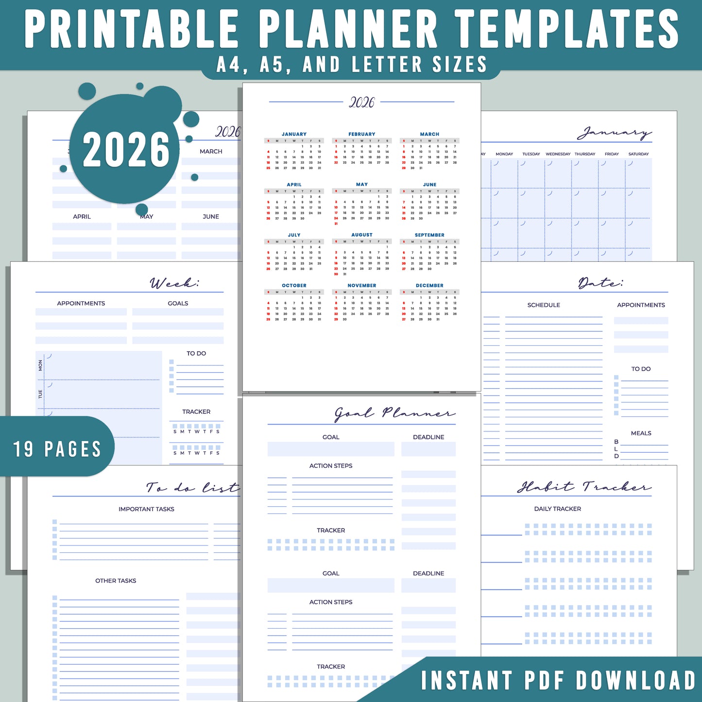 2026 Printable Planner: 19 Minimalist Pages for Goal Tracking, To-Do Lists, and Daily Organization, A4, A5, Letter Sizes, Instant PDF Download.