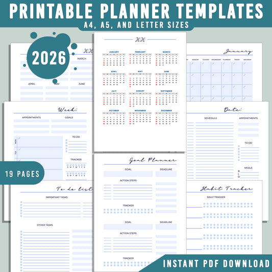 2026 Printable Planner: 19 Minimalist Pages for Goal Tracking, To-Do Lists, and Daily Organization, A4, A5, Letter Sizes, Instant PDF Download.