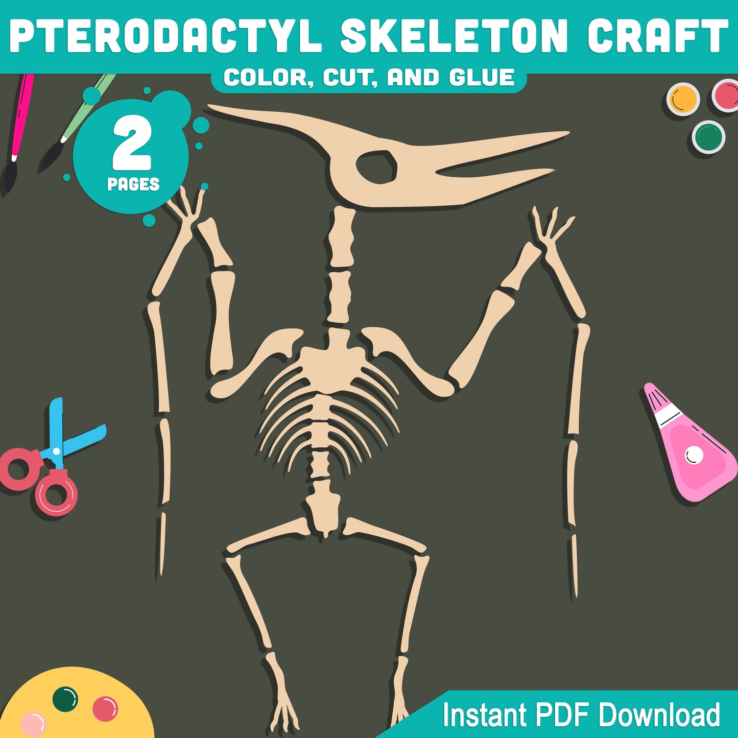 Pterodactyl Skeleton Craft, Dinosaur Color, Cut and Paste Activity, Printable PDF, Pre-Colored, Black and White, US Letter, A4