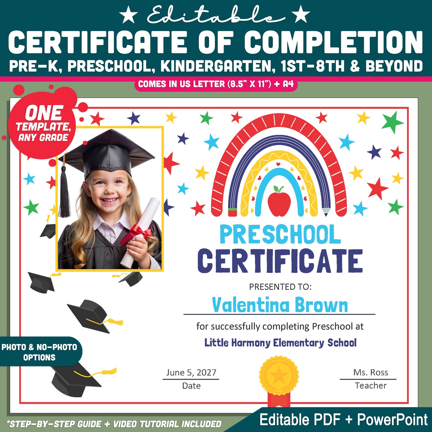 Editable Certificate of Completion, Printable Student Recognition Awards, PDF and PowerPoint, Pre-K to 8th & Beyond