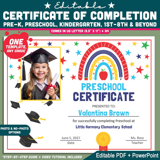 Editable Certificate of Completion, Printable Student Recognition Awards, PDF and PowerPoint, Pre-K to 8th & Beyond