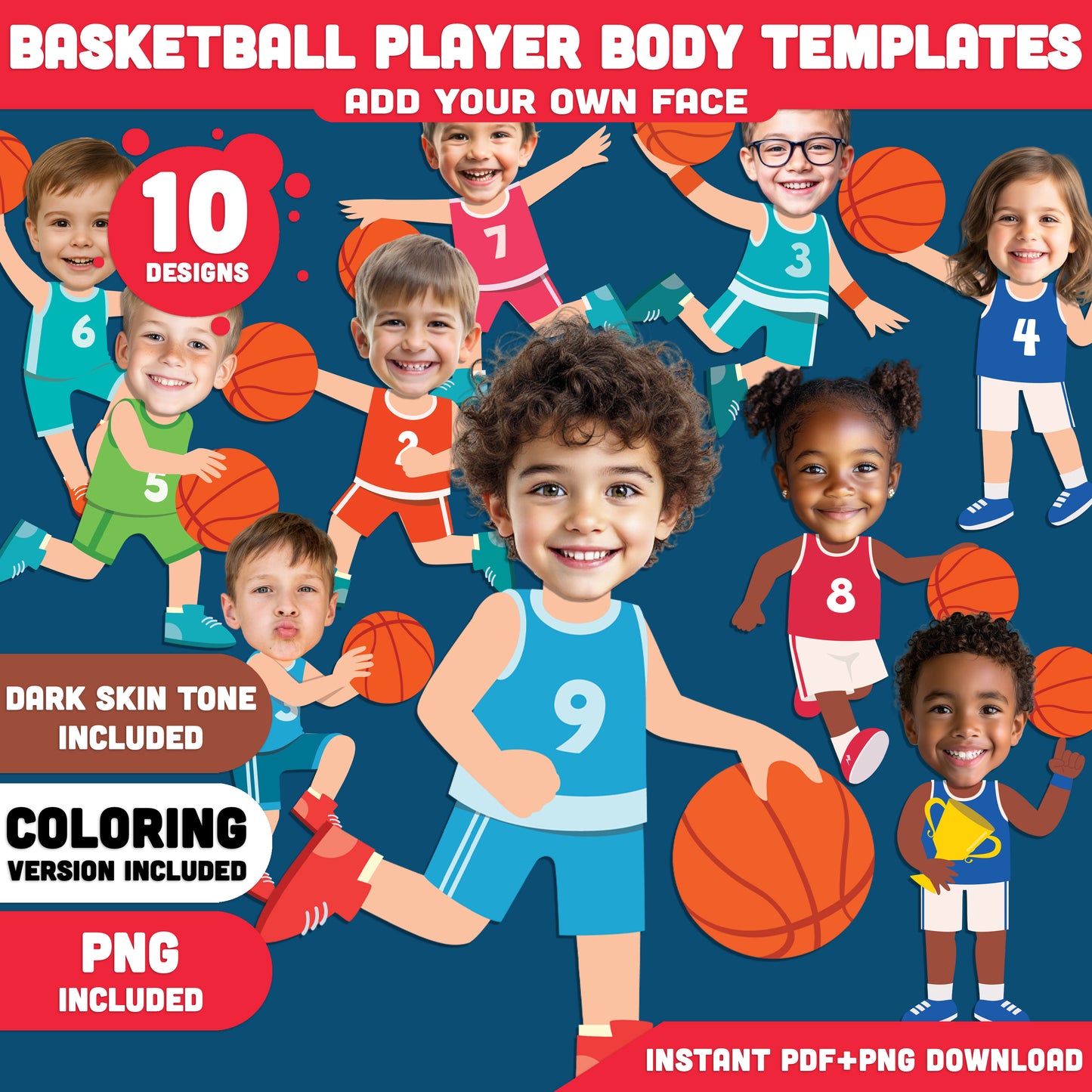 Basketball Player Body Templates, Add Your Own Face Craft Activity, Sports Photo Insert Printable, 20 Designs Light & Dark Skin Tone, Coloring Version Included