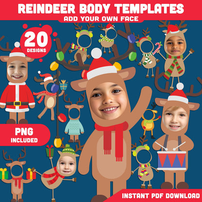 Printable Reindeer Body Templates for Kids, 20 High-Resolution Christmas Craft Designs, PDF + PNG Files, Fun Holiday Classroom & Home Activity