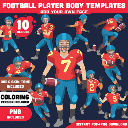 American Football Player Add Your Own Face Craft, Football Player Body Templates, Sports Photo Insert Activity, 10 Designs, Coloring Version Included