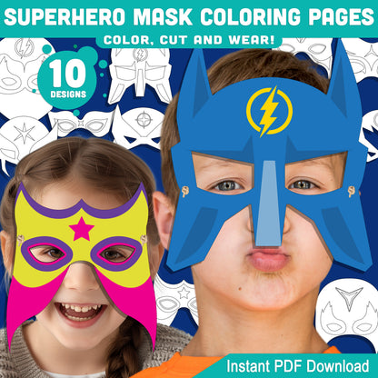 Superhero Mask Craft, Color Your Own Printable Masks, Color, Cut & Wear Activity, Printable Kids Craft, 10 Fun Masks, US Letter, A4