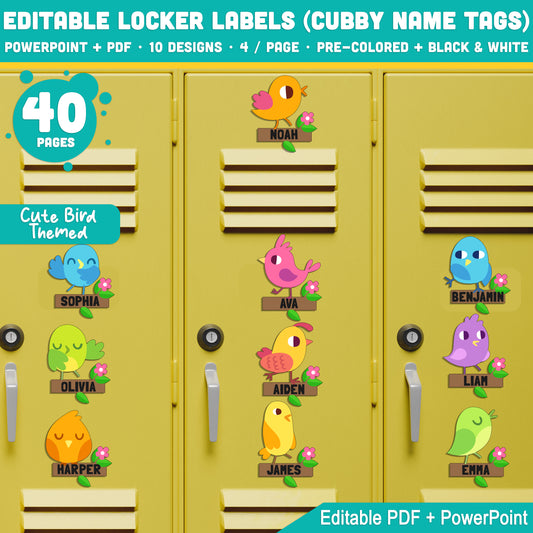 Editable Cubby Name Tags, Cute Bird Themed Locker Labels, 10 Designs, PDF + PowerPoint, Pre-Colored + Black & White, Instant Download, 40 Pages