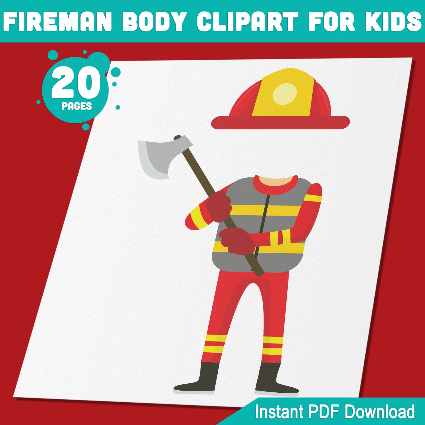 Kids’ Fireman Body Clipart: 20-Page Set of Printable Firefighter Templates, Add Your Own Face for Exciting Crafts, Role-Playing, and DIY Fun