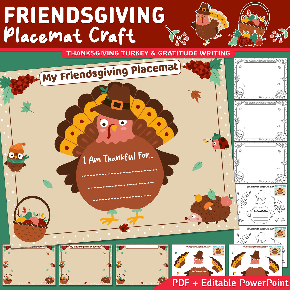 Friendsgiving Placemat Craft, Thanksgiving Turkey and Gratitude Writing