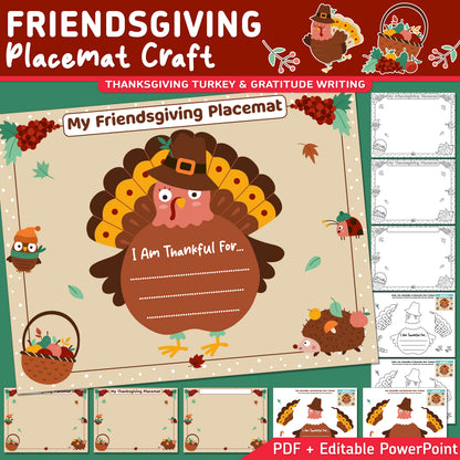 Friendsgiving Placemat Craft, Thanksgiving Turkey and Gratitude Writing