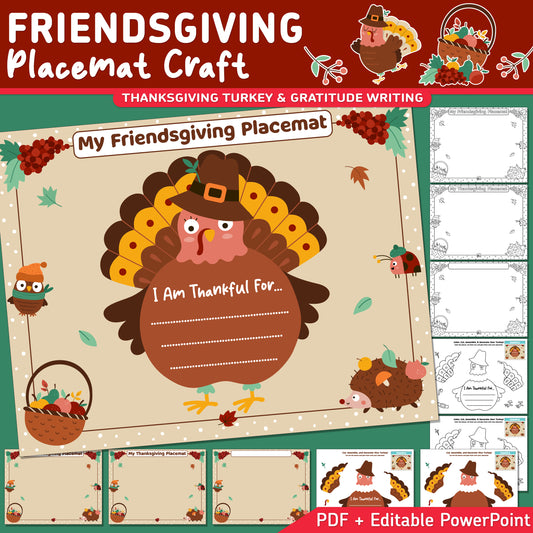 Friendsgiving Placemat Craft, Thanksgiving Turkey and Gratitude Writing