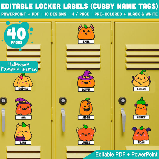 Editable Locker Labels (Cubby Name Tags), Halloween Pumpkin Themed, 8.5x11", 4/Page, Pre-Colored + Black & White, PDF + PowerPoint, Back to School