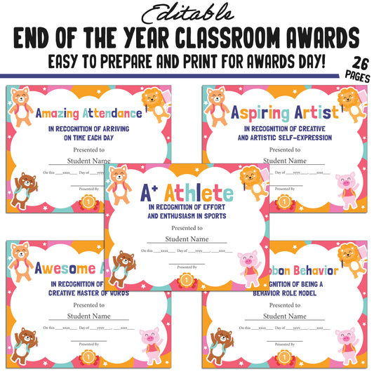 Editable, Creative End-of-Year Class Awards for Students, 26 Pages, PDF, Instant Download – Perfect for Classroom and Student Achievements.