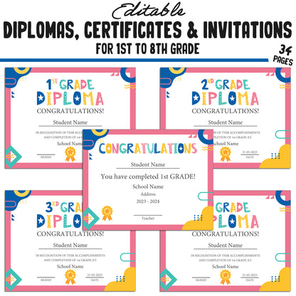 Personalized 1st, Second-8th Grade Achievement Certificates, Diplomas & Invitation Templates in a Flat Modern Theme - PDF Instant Download