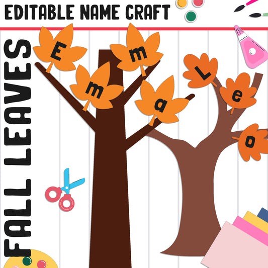 Fall Leaves Name Craft, Sight Word Activity, Back-to-School Bulletin Board, 40 Pages, 5 Designs, Blank & Editable, Color and Black-and-White