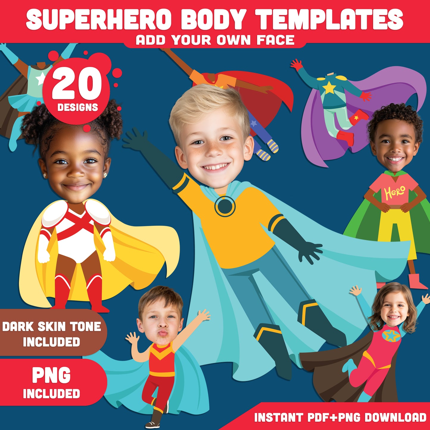 Superheroes Body Templates – DIY Kids Craft! Add Your Face to Hero Designs, Light + Dark Skin, PDF + PNG