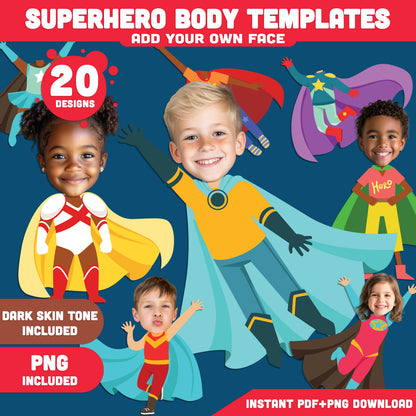 Superheroes Body Templates – DIY Kids Craft! Add Your Face to Hero Designs, Light + Dark Skin, PDF + PNG