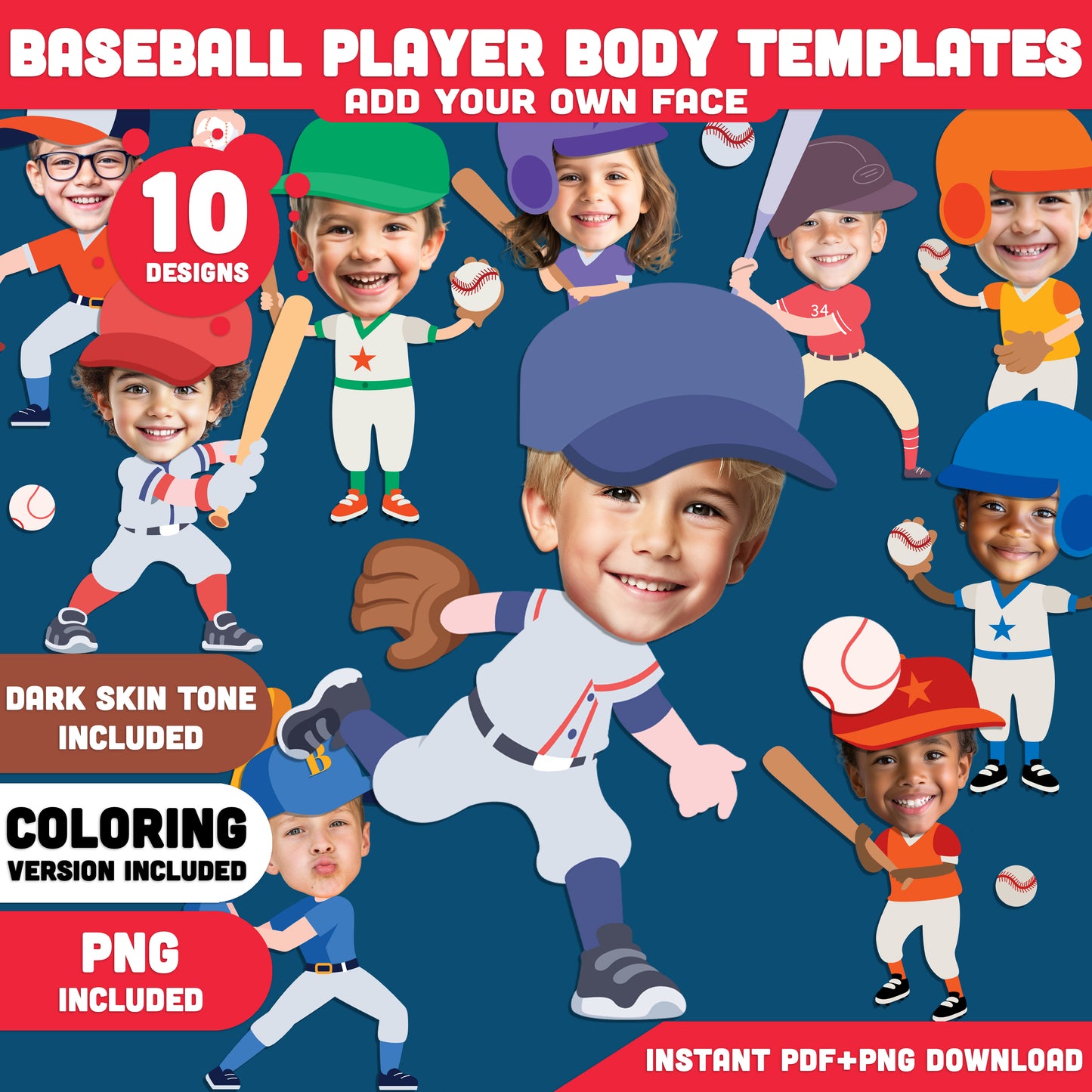 Baseball Player Body Templates, Add Your Own Face Craft for Kids, Baseball Photo Insert Activity, 20 Designs Light & Dark Skin Tone, Coloring Version Included