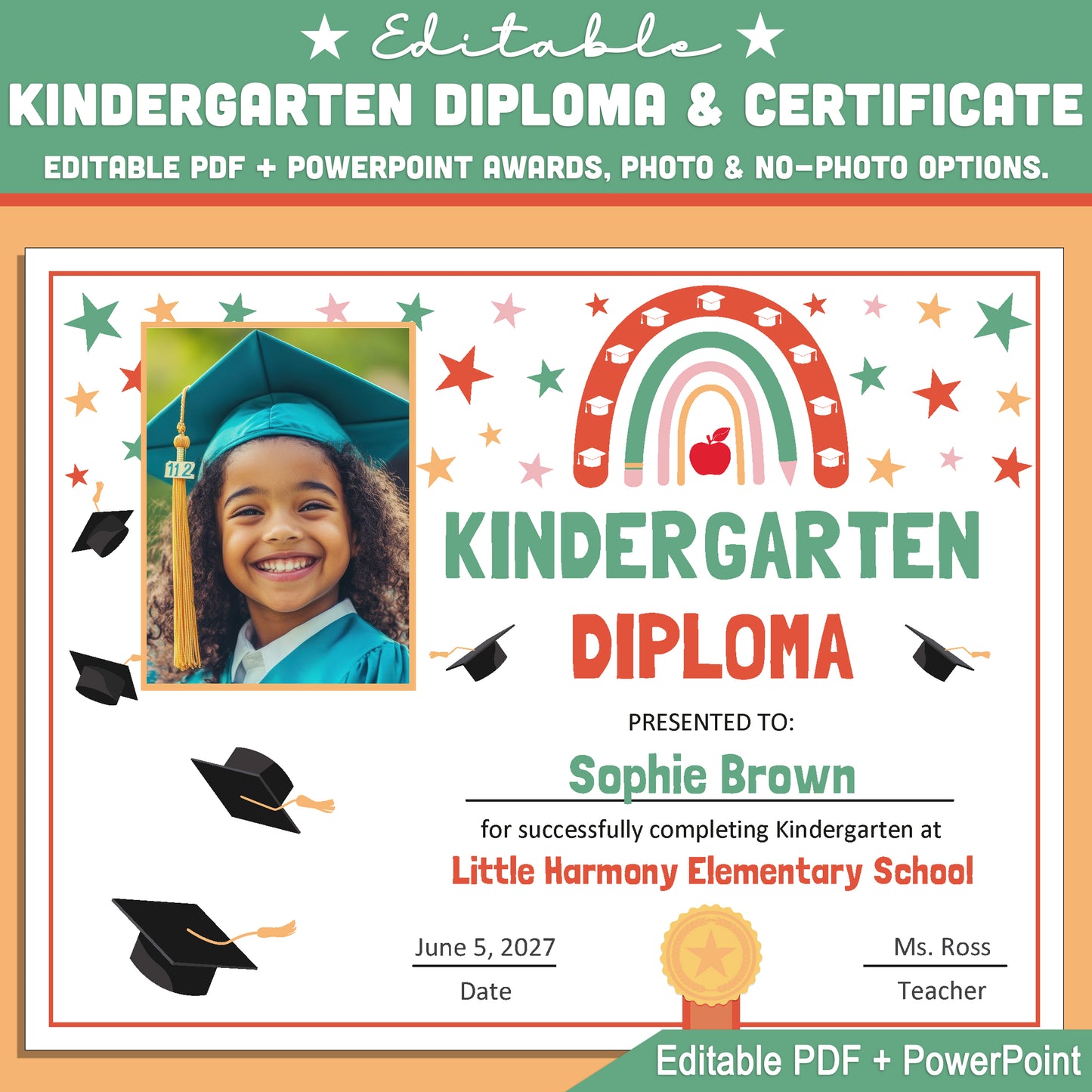 Editable Kindergarten Graduation Diploma & Certificate Set, Retro Rainbow Stars Theme, 8.5x11 Awards, Photo and No-Photo Options, PDF, PowerPoint