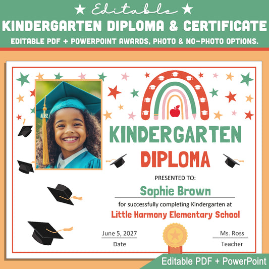 Editable Kindergarten Graduation Diploma & Certificate Set, Retro Rainbow Stars Theme, 8.5x11 Awards, Photo and No-Photo Options, PDF, PowerPoint