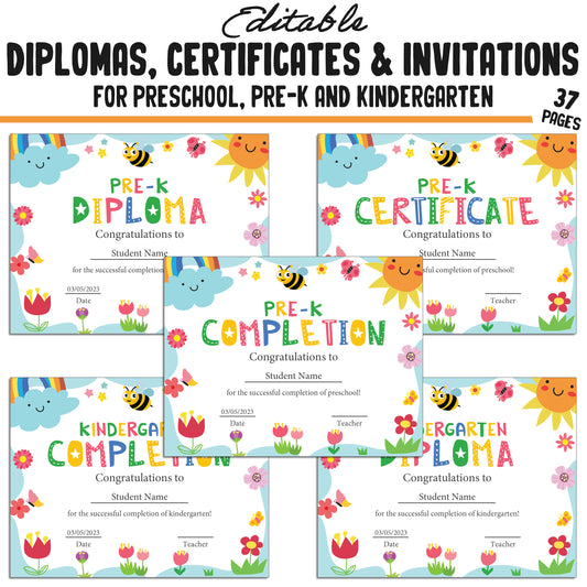 Printable Pre-K, Kindergarten, and Preschool Diplomas, Certificates, and Invitation Templates, Colorful Spring-Themed, PDF Instant Download.