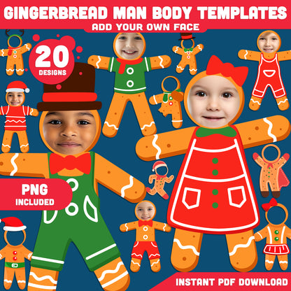 Printable Gingerbread Man Body Templates for Kids, 20 Holiday “Add Your Face” Designs, Perfect for Classroom, Home, or Party Craft, PDF + PNG Files