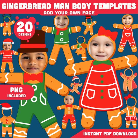 Printable Gingerbread Man Body Templates for Kids, 20 Holiday “Add Your Face” Designs, Perfect for Classroom, Home, or Party Craft, PDF + PNG Files