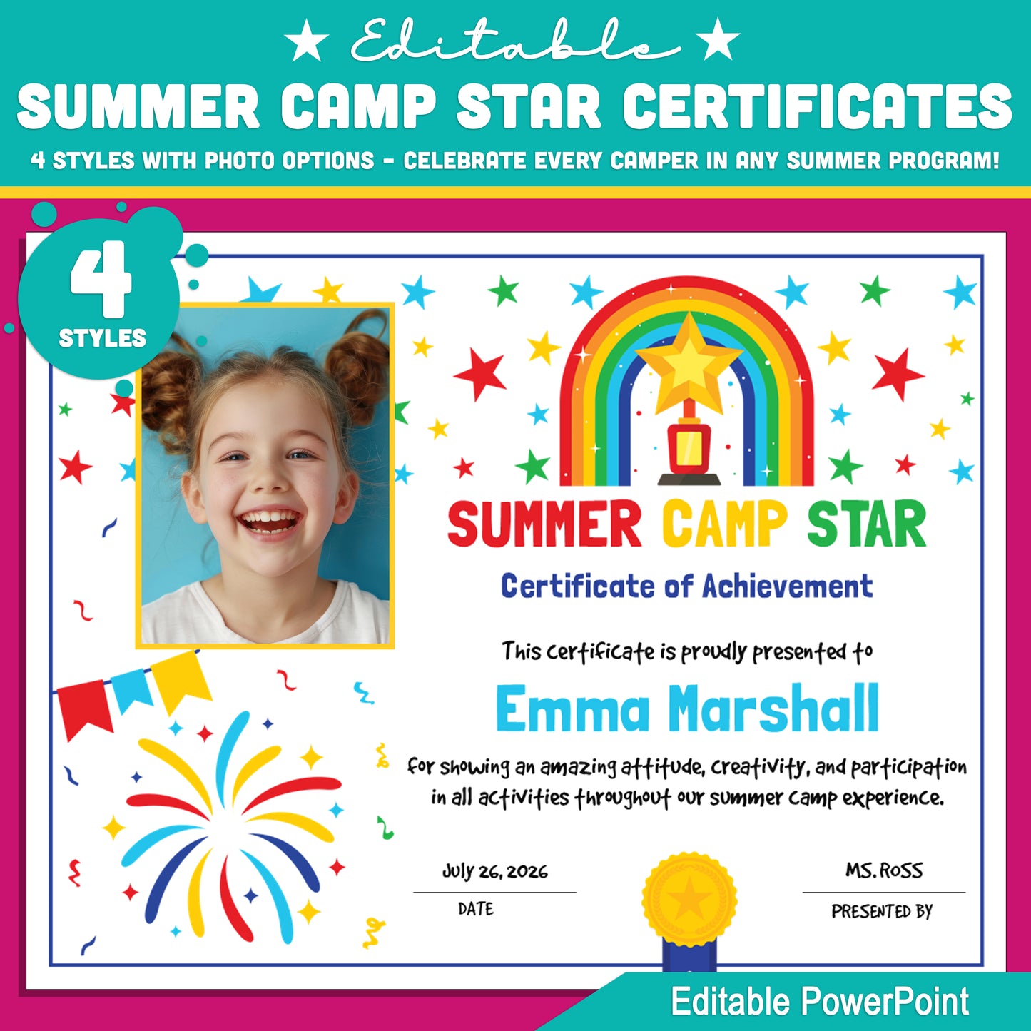 Summer Camp Star Certificates – Editable Awards with Photo Area, 4 Fun Versions for All Summer Activities, 8.5x11", PowerPoint