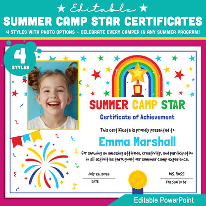 Summer Camp Star Certificates – Editable Awards with Photo Area, 4 Fun Versions for All Summer Activities, 8.5x11", PowerPoint