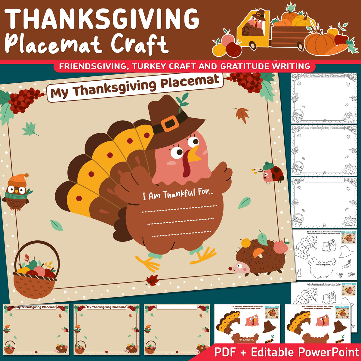 Thanksgiving Placemat Craft, Friendsgiving Placemat, Turkey Craft and Gratitude Writing