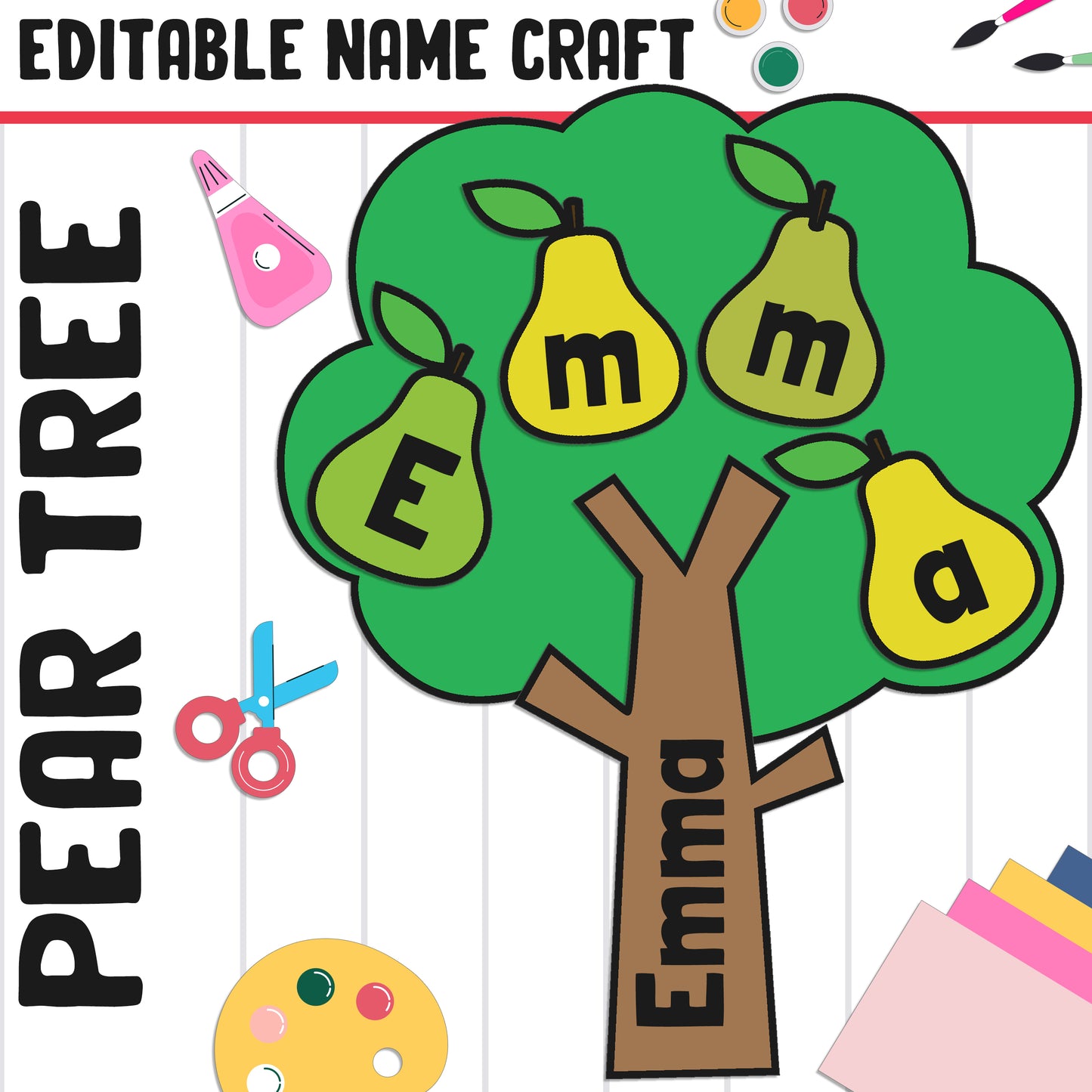 Pear Tree Name Craft: Fall Activity, Back to School Bulletin Board, 32 Pages, 2 Sizes, Blank & Editable, Color and Black-and-White Versions