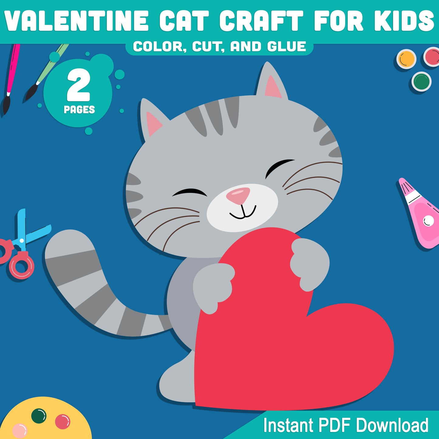 Valentine Cat Craft for Kids, Valentine Color Cut and Glue Activity, Adorable School Craft for Preschool, Pre-K, Kindergarten, 2 Pages