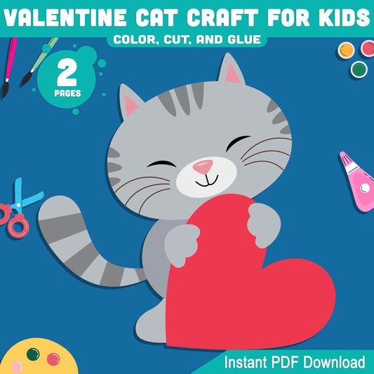 Valentine Cat Craft for Kids, Valentine Color Cut and Glue Activity, Adorable School Craft for Preschool, Pre-K, Kindergarten, 2 Pages
