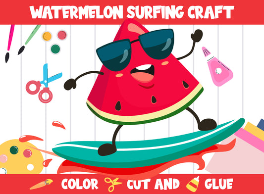 Watermelon Surfing Craft Activity - Color, Cut, and Glue for PreK to 2nd Grade