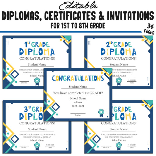 Personalized 2nd Grade Diplomas, 1st-8th Grade Achievement Certificates & Invitation Templates in a Flat Modern Theme - PDF Instant Download