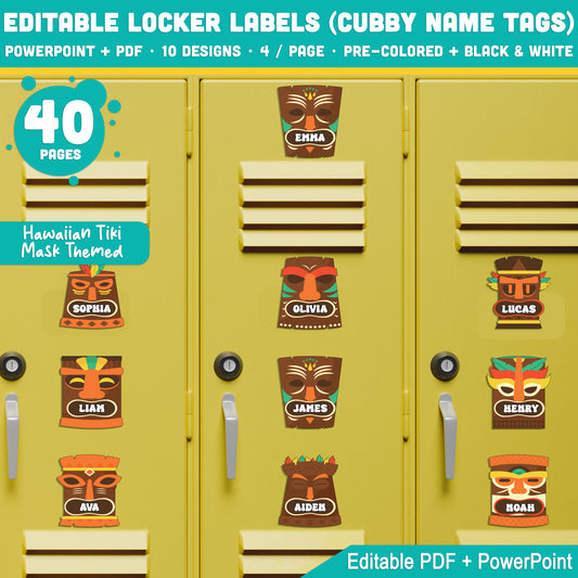 Editable Locker Labels (Cubby Name Tags), Hawaiian Tiki Mask Themed, 40 Pages, 10 Designs, PDF + PowerPoint, Pre-Colored + Black & White, Instant Download, Back to School Craft