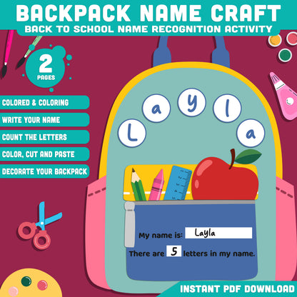 My Name Backpack Craft, Back to School Classroom Display Activity, Student Identity Printable, Name Learning PDF