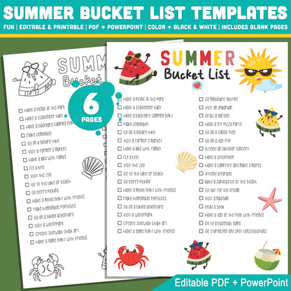 Student Summer Bucket List Template: Fun End-of-Year Classroom Activity, Editable PDF & PowerPoint, Black & White & Color Pages