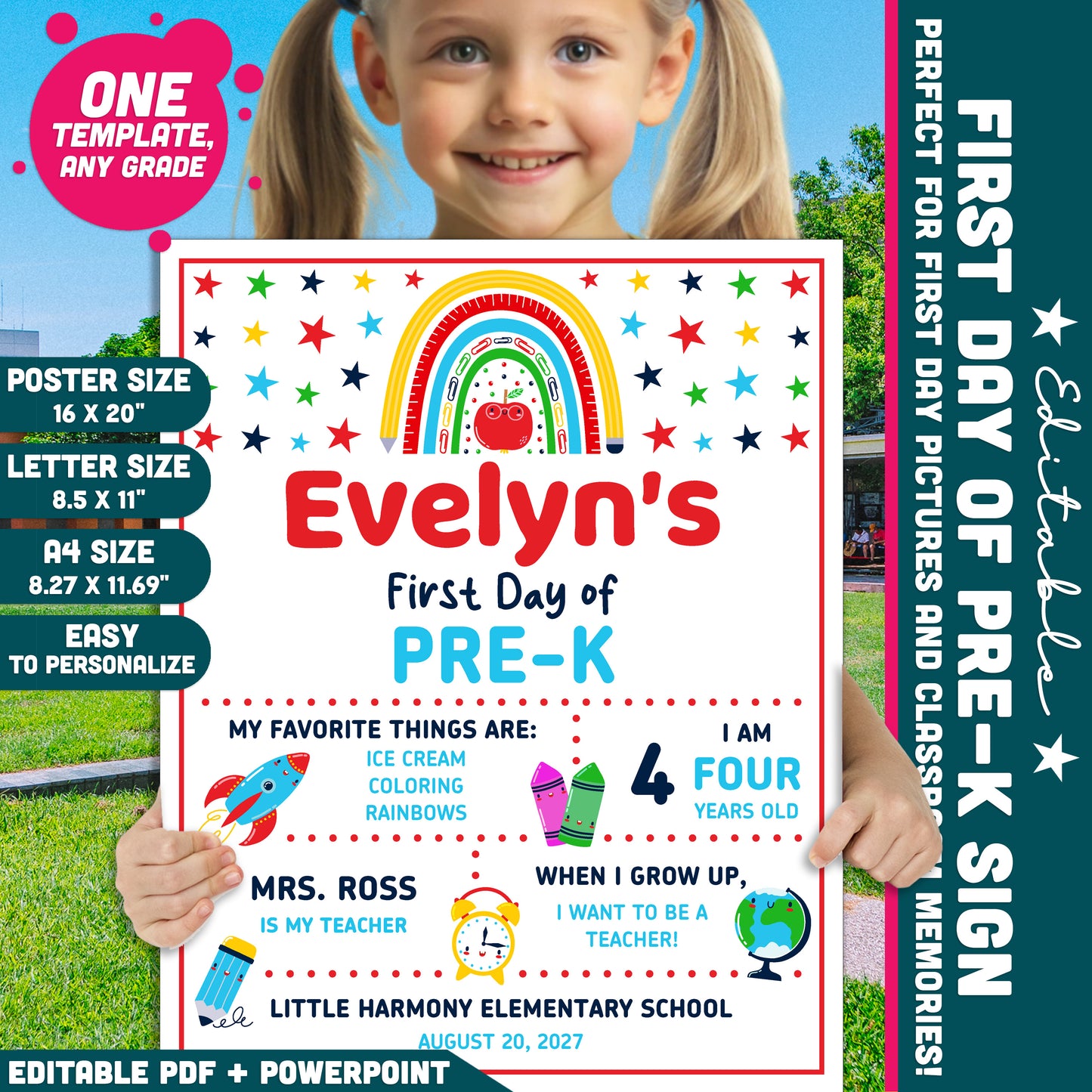 Editable First and Last Day of Pre-K Sign, Printable Back to School Poster, PDF and PowerPoint, 16x20" Poster, A4