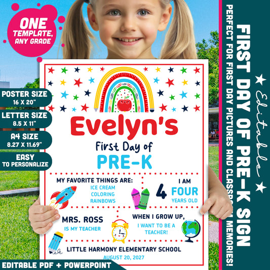 Editable First and Last Day of Pre-K Sign, Printable Back to School Poster, PDF and PowerPoint, 16x20" Poster, A4