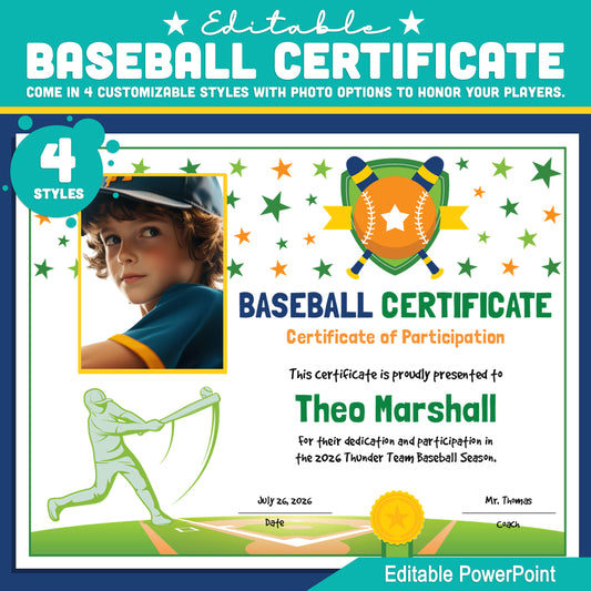 Editable Baseball Certificates - 4 Styles & Photo Options | Youth Baseball Player Awards | PowerPoint Instant Download